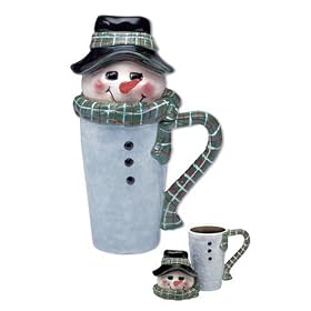 Sakura Snowmen Portrait Covered Latte Mug, Snowman with Black Hat