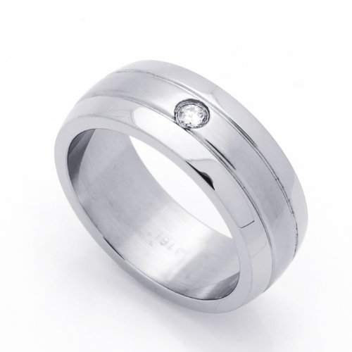 8MM Stainless Steel Single CZ Bezel Set Wedding Band Ring (Size 8 to 14)