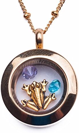 Gold Mini 20mm Floating Charm Memory Locket Necklace - 316L Polished Stainless Steel Come With Stainless Steel Chain and Charms, Gold Frog and two Diamonds