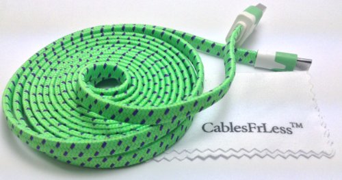 CablesFrLess (TM) 6ft Flat Braided Micro USB Charging / Data Sync Cable fits most Android Phones and Tablets Samsung Galaxy S3 S4 Reverb Note Tab Google Nexus Kindle Nokia Lumia HTC One ASUS LG G2 Pantech Blackberry Motorola Sony Xperia etc. (Green)