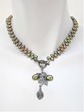 Dark Green Freshwater Pearl Necklace with Oxidized Sterling Bud Drop & Front Toggle Closure 17