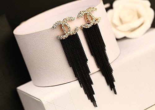Women's Fashion Jewelry Fish Tail Style Long Crystal Earrings (black and white)