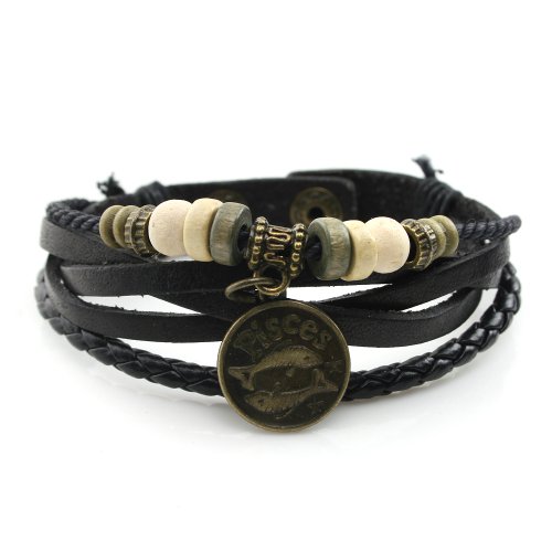 Lucky Handmade Natural Constellation Zodiac Sign Logo Genuine Real Leather Bracelet with Charms, Beads, Button, Adjustable Size, Gift for Him or for Her, Unisex (Pisces - Black Leather)