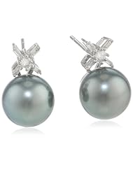14k White Gold Black Tahitian Cultured Pearl with Diamond Accent Earrings (1/5 cttw, H-I Color, I1-I2 Clarity)