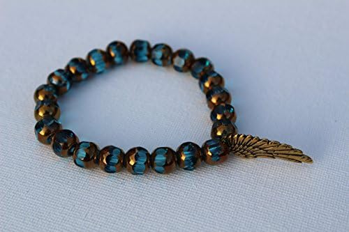 Handmade Aqua and Copper Beads with Gold Wingtip Charm Bracelet