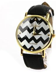 Popular Geneva Stripes Watch PU Leather Woman Man Analog Quartz Wrist Watches（black）