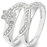 3/8 CT. T.W. Round Cut Diamond Engagement Ring and Ladies' Wedding Band Set 10K White Gold - Two Rings: Ladies Engagement Ring and Ladies Wedding Band - Free Gift Box -