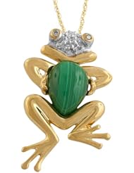 10 Karat Yellow Gold Malachite w/ Diamond Accent Frog Necklace (18 Inch)