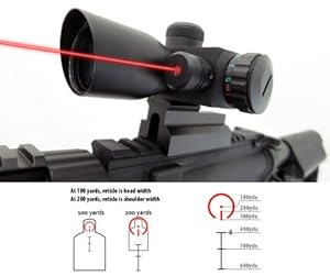 Monstrum 4x30 Compact Tactical Rifle Scope with Illuminated BDC Reticle, Integrated Rail Mount, and Built-In Red Laser Sight