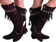 EyeCatchShoes - Womens Faux Suede Stud Fringe Flat Boots Black Size 6