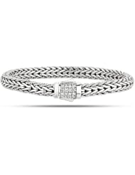Rhodium Plated Weave White Sapphires Bracelet In Sterling Silver With Textured Edges