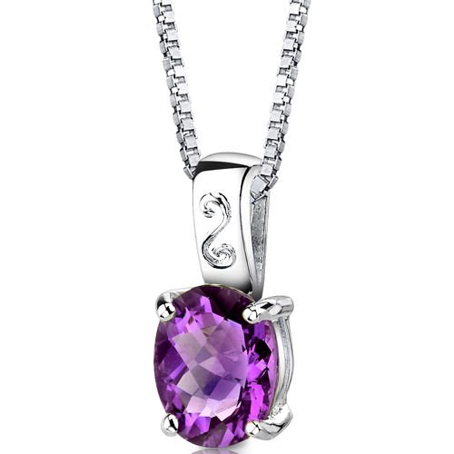 Spring Dream: Sterling Silver Rhodium Finish 2.25 carats Oval Shape Checkerboard Cut Amethyst Pendant with 18 inch Silver Necklace