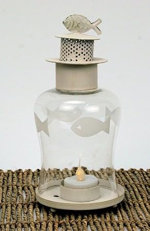 Nantucket Fish Hurricane Lantern - White-washed Iron & Etched Glass - Flameless Tealight Included