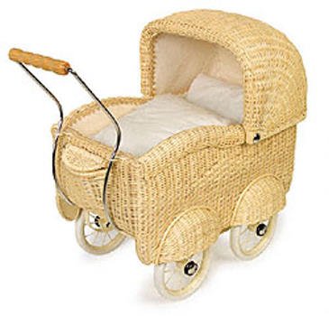 Puppenwagen Korbgeflecht, groß + Wäsche
