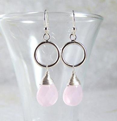 Click here to buy Sterling Silver Circle Coil Wrapped Briolette Rose Quartz Crystal Drop Earrings.