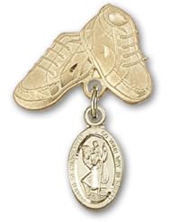 14K Gold Baby Badge with St. Christopher Charm and Baby Boots Pin