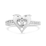Platinum Plated Sterling Silver Round Diamond Dolphin Heart Ring (0.07 cttw)