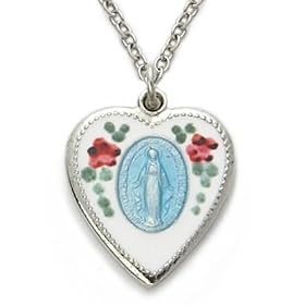 Sterling Silver 7/8" Engraved Heart Shaped Miraculous Medal on 18" Chain
