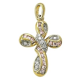 24K Gold Over Sterling Silver 1" Twisted Cross Necklace with Cubic Zirconia Stones on 18" Chain