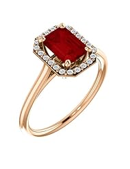18K Rose Gold 7.00x5.00mm Emerald Cut Chatham Created Ruby and Diamond Halo-Style Ring -- LIFETIME WARRANTY