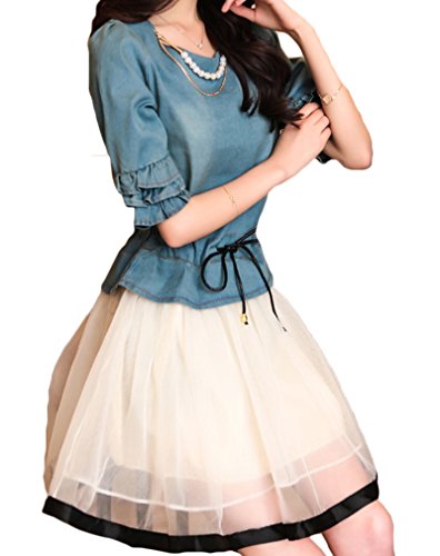 (ディーコッテ)D'Kotte デニム 風 切り替え ワンピース 半袖 フリル 袖 ひざ 丈 スカート 膝丈 aライン フレア neax330