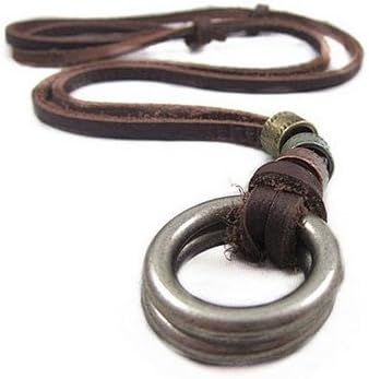 Top Value Jewelry - Genuine Brown Leather Adjustable Necklace with Chrome Rings and Round Beads