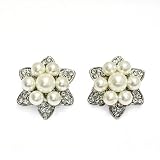 Fashion Flower Shape Clip Earrings Silver Metal with Clear Rhinestones and Off White Pearls