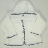 Ck673, Knitted on Hand Knitting Machine White Cotton with Hand Crocheted Denim Cotton Trim Cardigan Hat Set