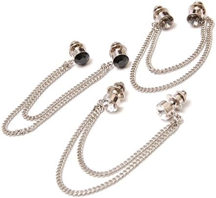 AMANOGAWA Double Chain Swarovski Tack Pin , Silver and Black Diamond