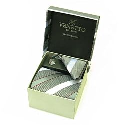 Designer Woven Shiny Stripe pattern Neck Tie Cufflink Handkerchief Gift Set Gray with Black White and Wine Hanky Necktie Cuff link with Gift Box.