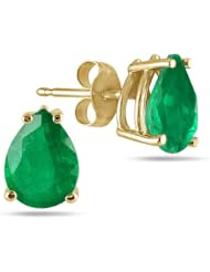 All-Natural Genuine 8x6 mm, Pear Shape Emerald earrings set in 14k Yellow gold