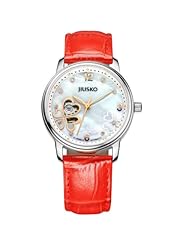 JIUSKO Womens Luxury Automatic Mechanical Heart Skeleton Display 21 Jewels Red Leather Wrist Watch 119MRG0104