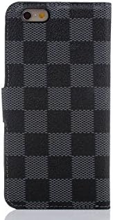 1x Luxury DELUXE Grid wallet Checker Pattern Flip Cover Leather Case for New APPLE IPHONE 6 4.7" LV18 WHITE BROWN BLACK GREY (Black)