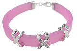 14K White Gold Stationary X Design Set on a 7 1/4 Pink Rubber Bracelet, Enhanced with Pave Set Diamonds and a 14K White Gold Clasp.