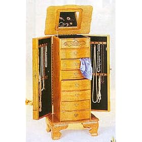 Deluxe Oak Finished Long Door Jewelry Armoire