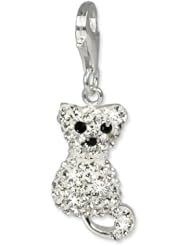 SilberDream Glitter Charm Swarowski Elements cat, white and black shiny, 925 Sterling Silver Charms Pendant with Lobster Clasp for Charms Bracelet, Necklace or Earring GSC209