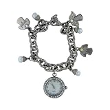 INSPIRATIONAL CHARM BRACELET WATCH,WOMEN’S CRYSTAL AND MOTHER-OF-PEARL, SILVER-TONE,ANGEL CHARM,HOPE,