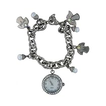 Inspirational charm Bracelet Watch,Women's Crystal and mother-of-pearl, Silver-tone,Angel Charm,hope,