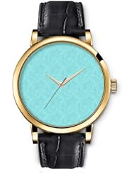 SPRAWL Aanalog Fashion Series Gold Ladies Watches of Genuine Black Leather Strap,Unique Wrist Watch for Women Girls Designed with Stained blue cyan background