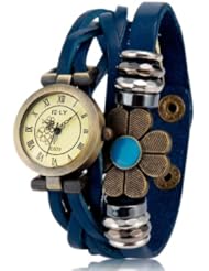 Sky Buddy E-LY E025 Womens Flower Decoration Round Dial Analog Watch (Blue)