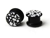 Pair of Black Acrylic Dalmatian Spot Design Inlayed Double Flared Screw ON Ear Plugs - 5/8 Inch