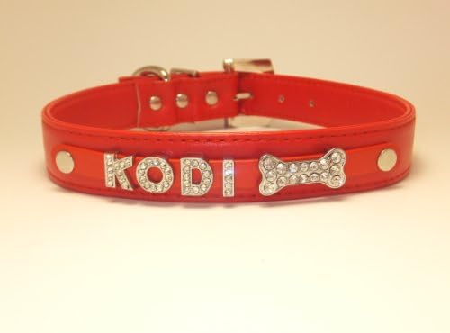 Personalized Custom Fashion Leather Classic Big Large Dog Collar Swarovski Crystal Rhinestone Letters Plus Free Charm Black, Hot Pink, Purple, Baby Blue, Red, White, Brown, Pink, Silver Size Medium Large XLarge (Red, Large 18"L x 1" W)