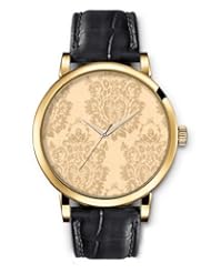 SPRAWL Aanalog Fashion Series Gold Ladies Watches of Genuine Black Leather Strap,Unique Wrist Watch for Women Girls Designed with Old gray flower on beige background