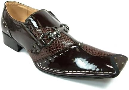 Mens Brown Designer Slip on Dress Casual Shoes Faux Snake Texture with Studded Toe Patent Leather