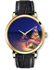 SPRAWL Aanalog Fashion Series Gold Ladies Watches of Genuine Black Leather Strap,Unique Wrist Watch for Women Girls Designed with Christmas Tree in the Snow