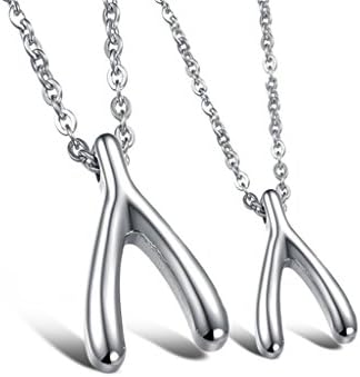 2pcs Mens Womens Couples Stainless Steel Wishbone Pendant Love Necklace, 18 &amp; 22 inch Chain