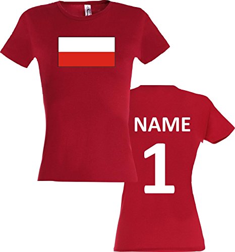 Lady T-Shirt Polen Poland Ländershirt mit Wunschnamen und Nummer, Farbe rot, Größe S