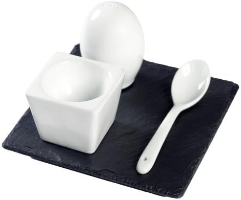 The Just Slate Company Egg Cup Set On Natural Slate Base, 5.85 x 5.85-Inch, Includes Single Egg Cup, Salt Shaker, and Spoon