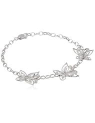 Platinum Plated Sterling Silver Simulated Diamond Butterfly Open Link Bracelet, 7.25"