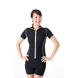 98(ルモード）lemodeフィットネス水着 日本製98 半袖フロントジッパー ランキング常連商品 レディース女性用(ブラック＆ホワイト, 11L)